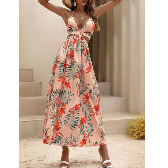 Peach Pink Boho Tropical Print Backless Maxi Dress V-Neck Floral Flared - Picture 5 of 10